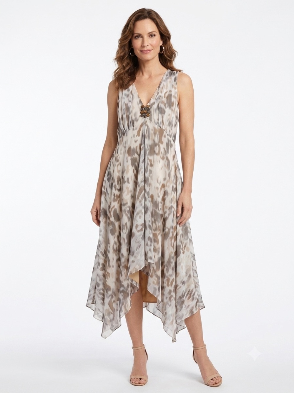 Chico’s Neutral Animal Print Embellished Handkerchief Hem Midi Dress Large